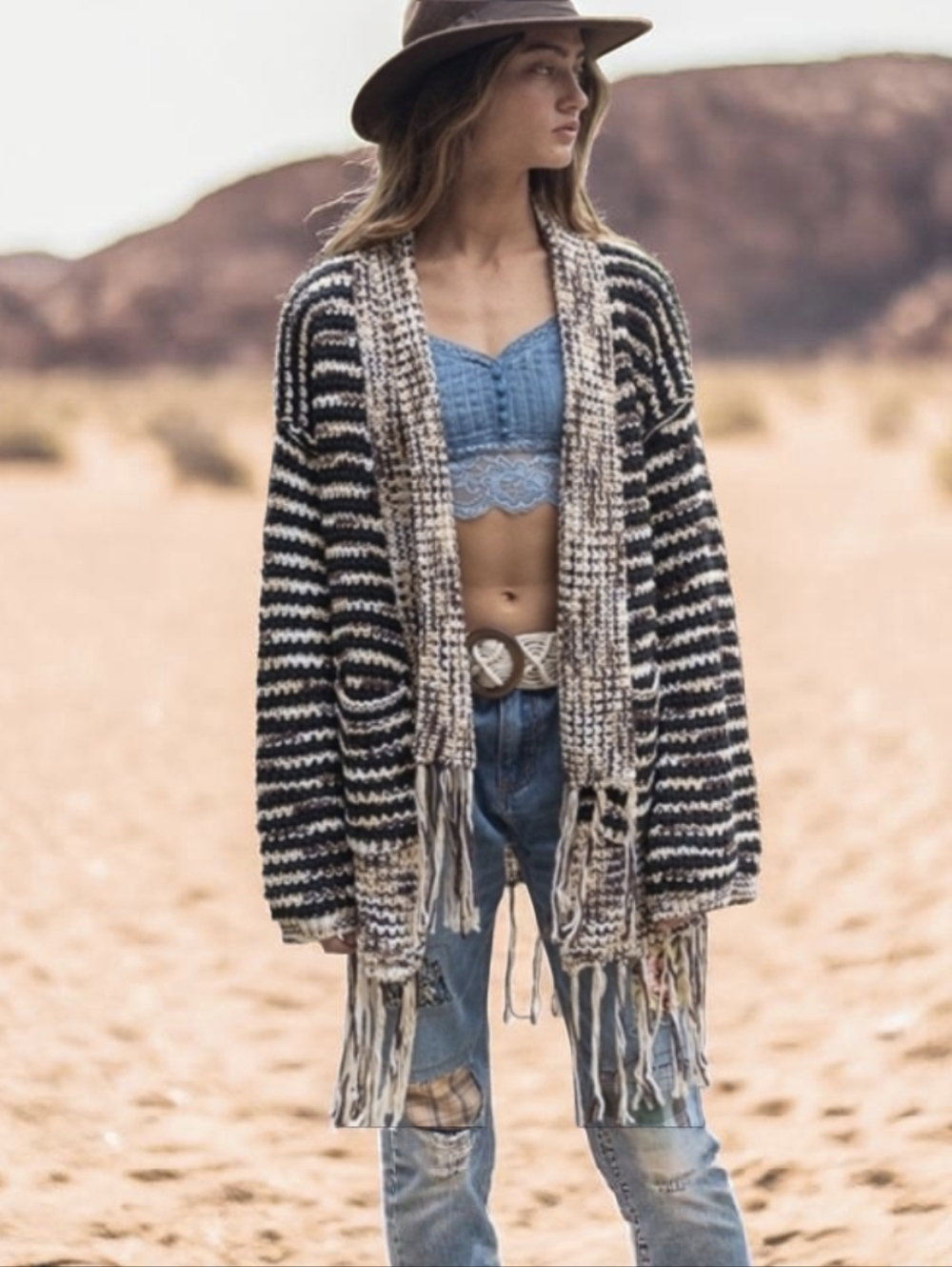 Bohemian Neutral Chunky Knit Festival Hippie Vibes Fringe Cardigan By POL Sz M